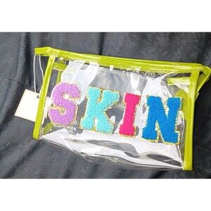 Carole Inc Clear PVC Makeup Bag Cosmetic Case Green Zipper "SKIN" Patch
